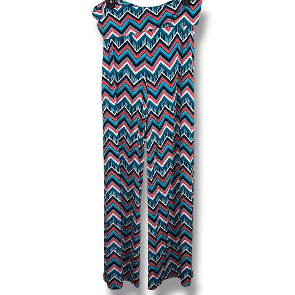 Large 2B Clothing Colorful Wide Leg Pants Stretch Chevron Teal Blue Boho